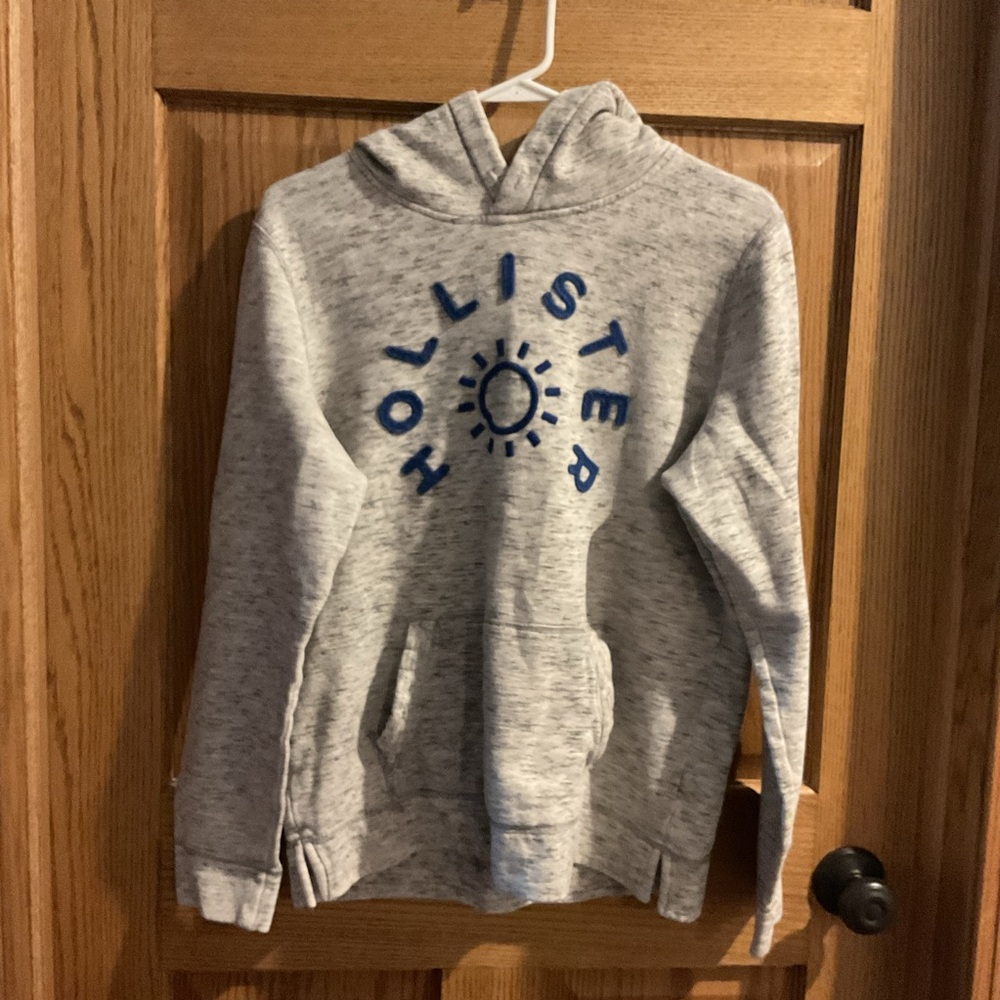 Hollister Gray Logo Hoodie Blue Embroidered Sun Graphic Small